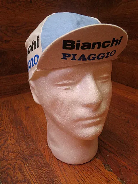 NOS VINTAGE BIANCHI PIAGGIO BICYCLE CYCLING BIKE CAP HAT - WHITE & LIGHT BLUE